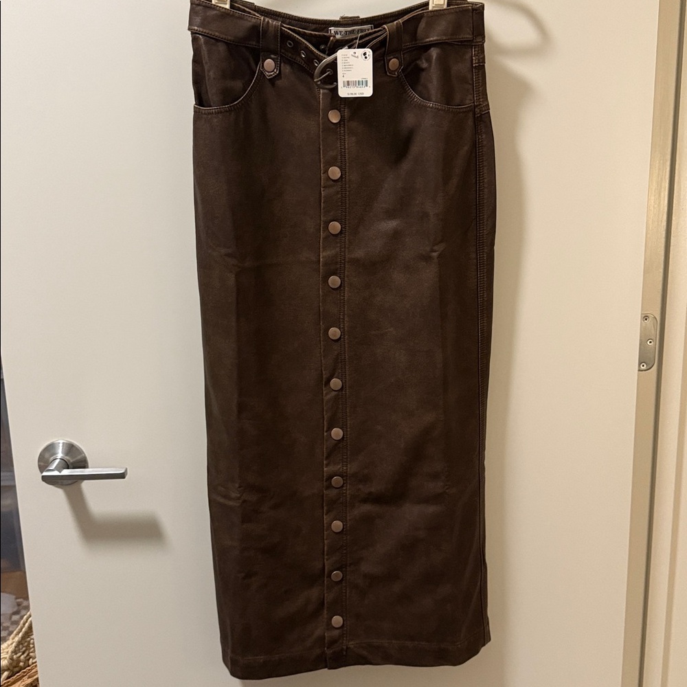Free People Faux Leather Brown Belted Maxi Skirt